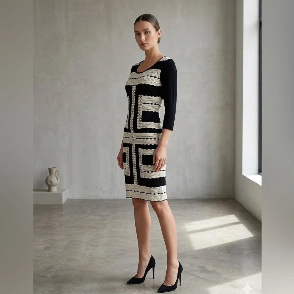 black and white geometric bodycon dress LAPIS & Knit Sheath Large Mod Minimalist Long sleeve quinceanera dresses